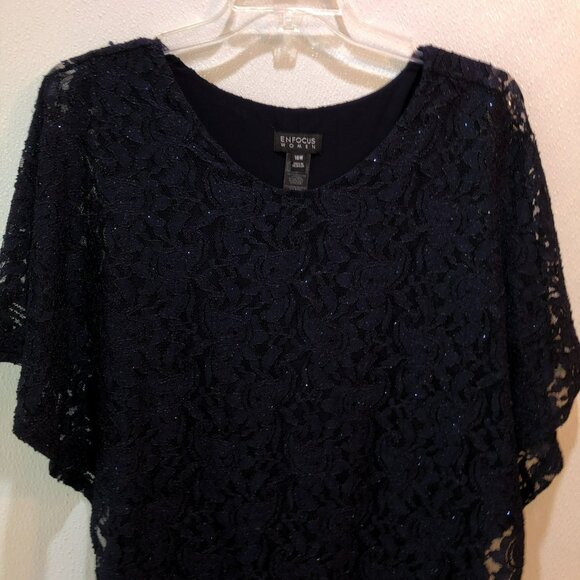 En Focus Womens Size 18W Navy Blue Floral Lace Poncho Cape Cocktail Dress 18 - Picture 5 of 10